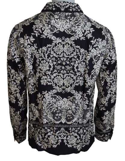 Camicia casual in raso barocco floreale di seta blu