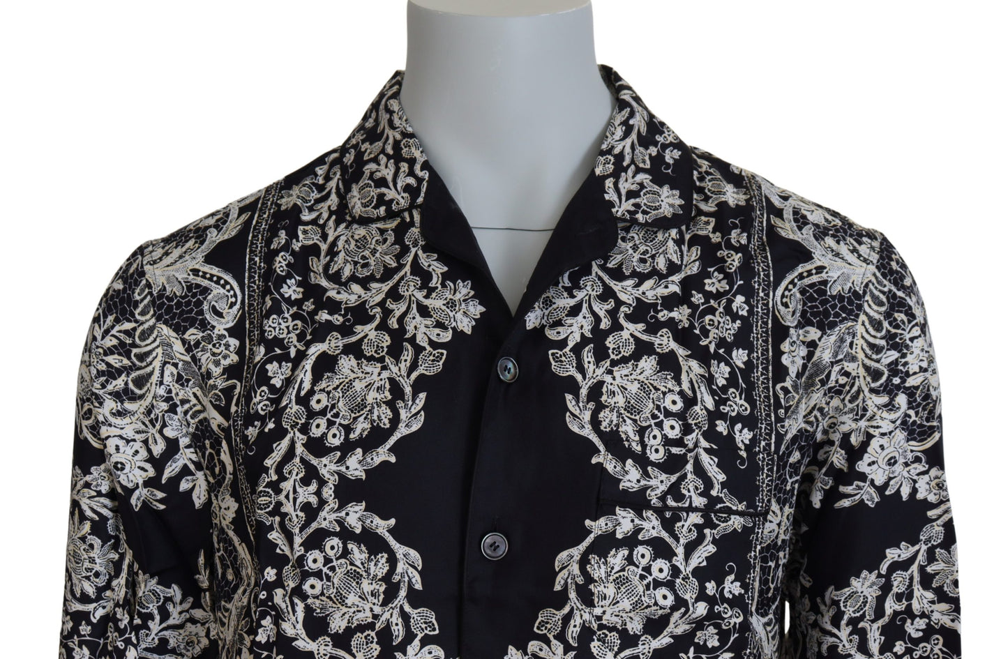 Camicia casual in raso barocco floreale di seta blu