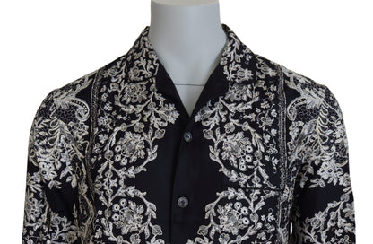 Camicia casual in raso barocco floreale di seta blu