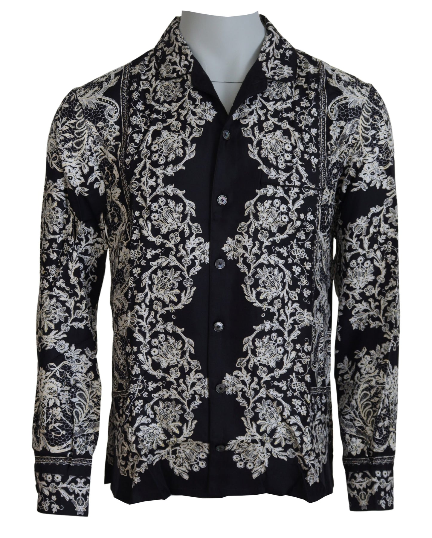 Camicia casual in raso barocco floreale di seta blu