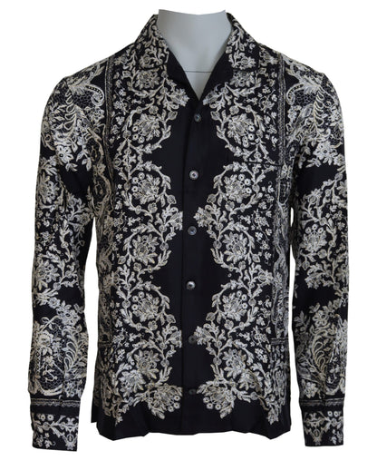Camicia casual in raso barocco floreale di seta blu