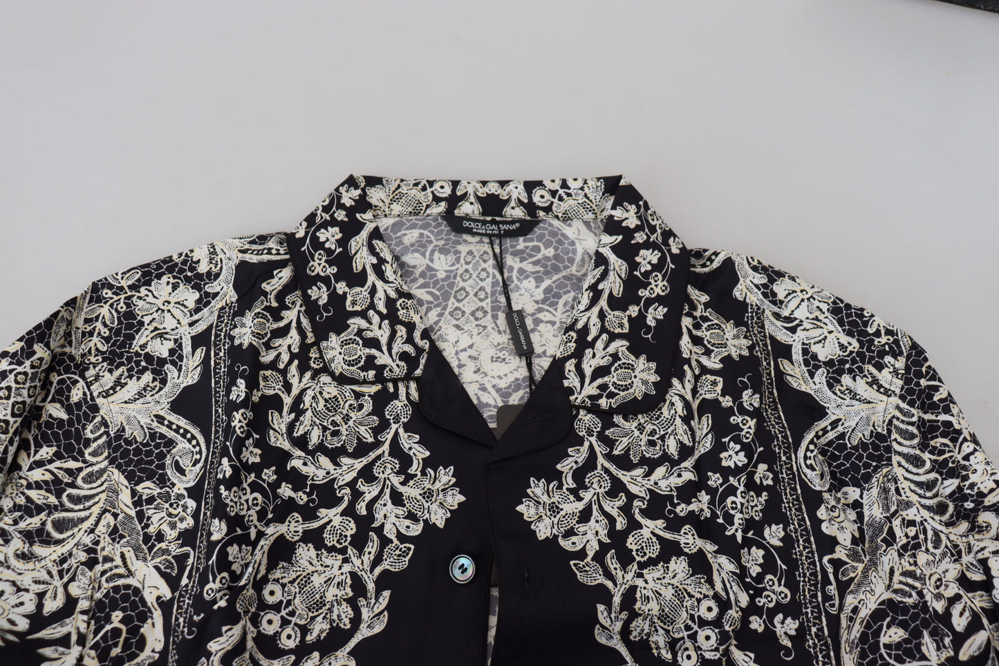 Camicia casual in raso barocco floreale di seta blu