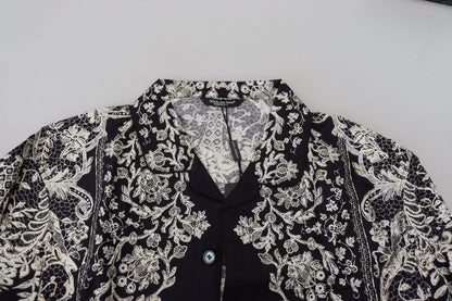 Camicia casual in raso barocco floreale di seta blu