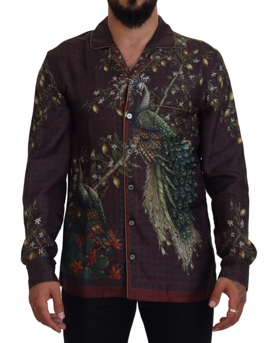 Camicia da uomo casual in raso di seta di struzzo bordeaux