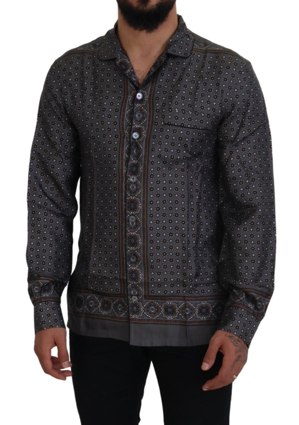 Camicia casual in raso di seta grigia barocca
