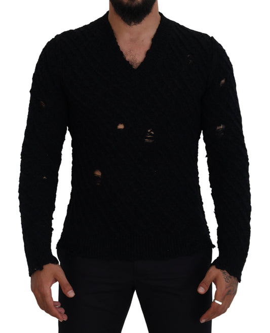 Maglione pullover lavorato a maglia con scollo a V in lana nera