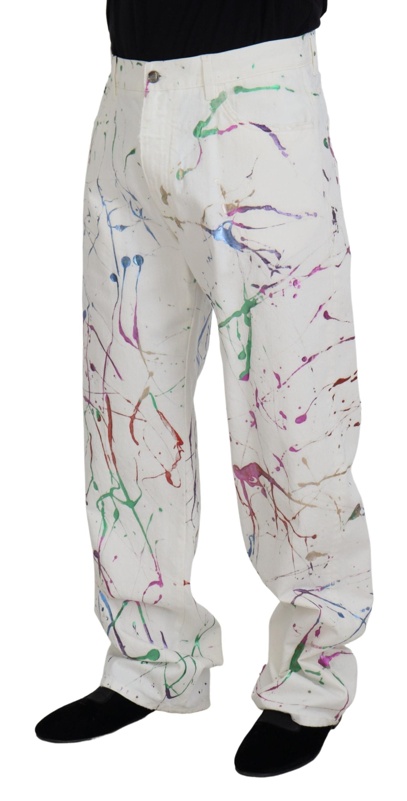 Pantaloni in denim con stampa Splash di colore bianco in cotone