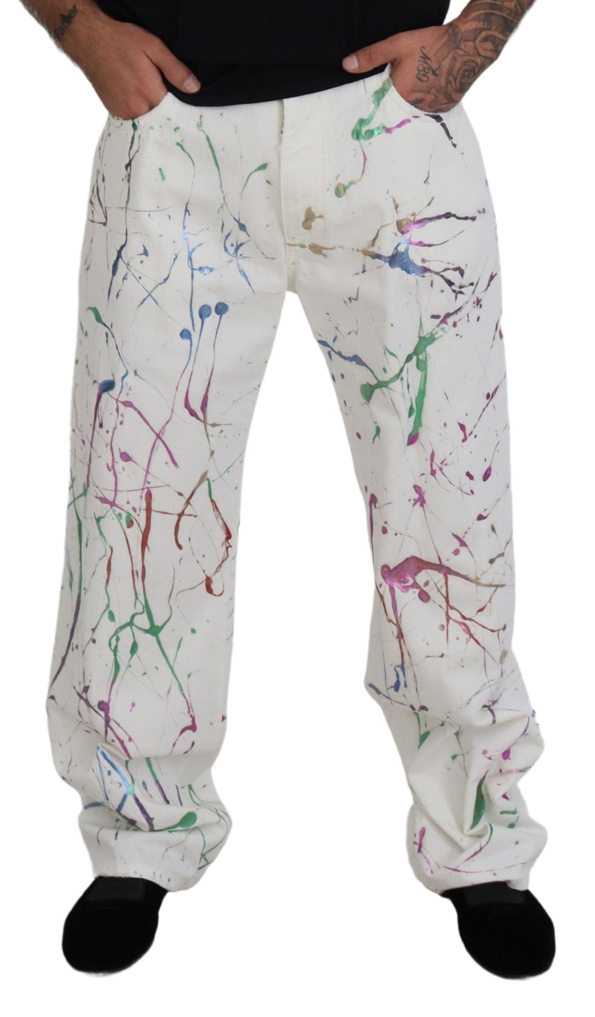 Pantaloni in denim con stampa Splash di colore bianco in cotone