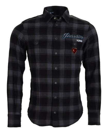 Camicia a maniche lunghe da uomo a quadri grigio nero