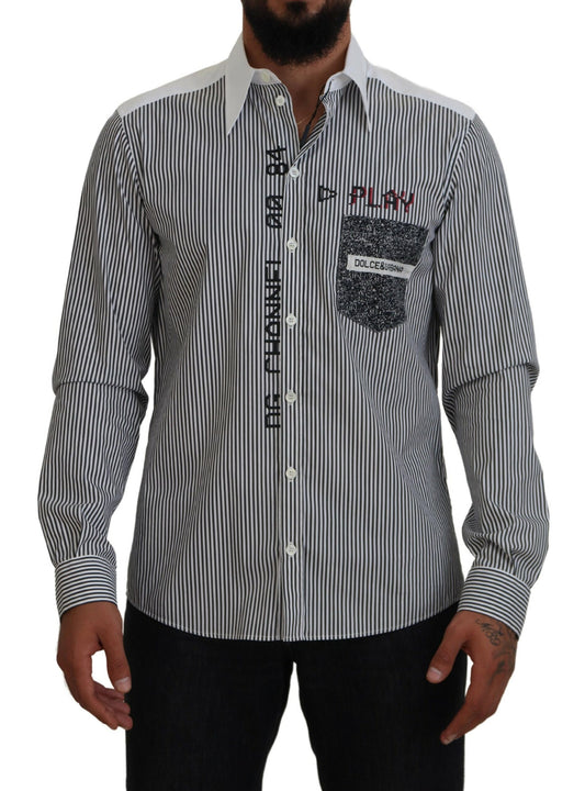Camicia in cotone casual stampata a righe bianche nere