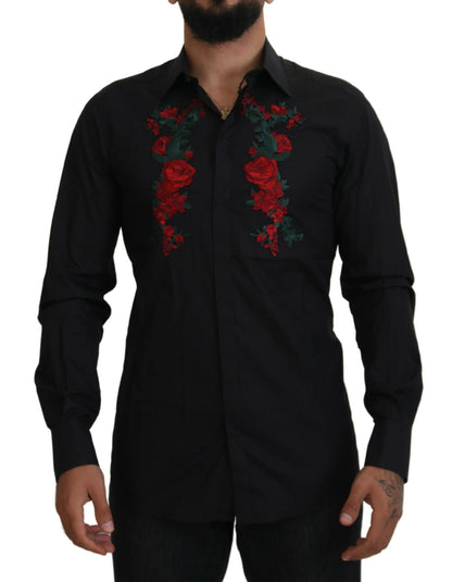 Camisa ORO de manga larga con bordado floral negro para hombre