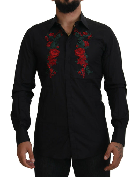 Camisa ORO de manga larga con bordado floral negro para hombre