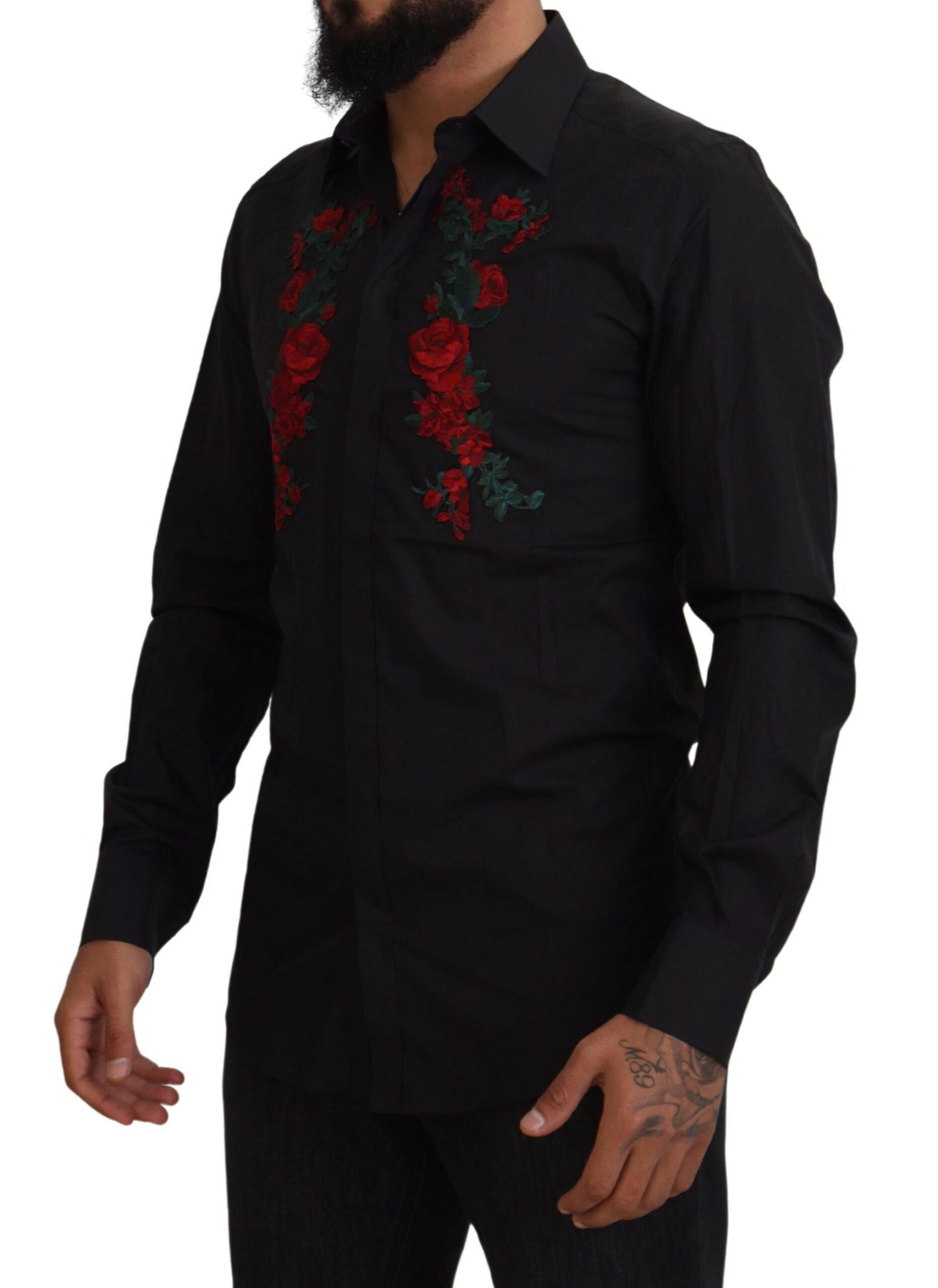 Camisa ORO de manga larga con bordado floral negro para hombre