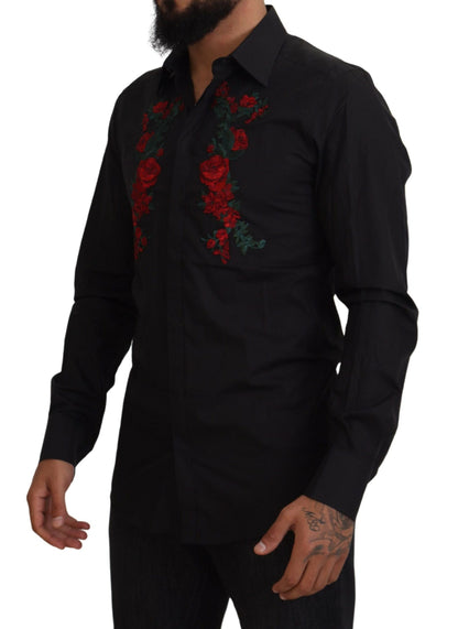 Camisa ORO de manga larga con bordado floral negro para hombre
