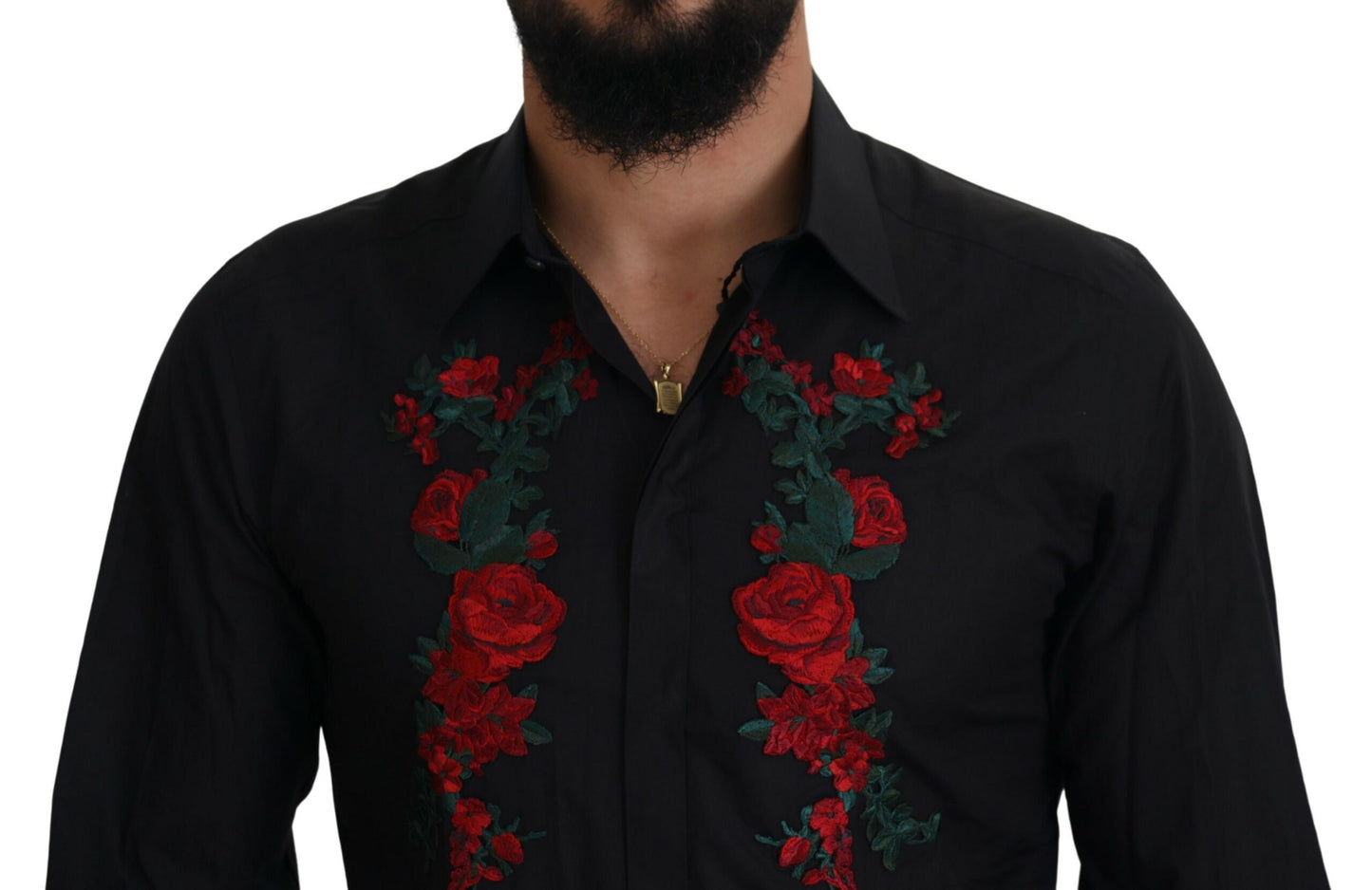 Camisa ORO de manga larga con bordado floral negro para hombre