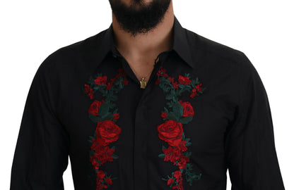 Camisa ORO de manga larga con bordado floral negro para hombre