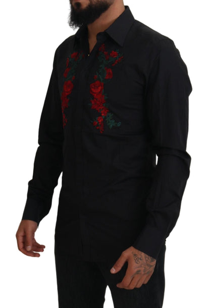 Camisa ORO de manga larga con bordado floral negro para hombre