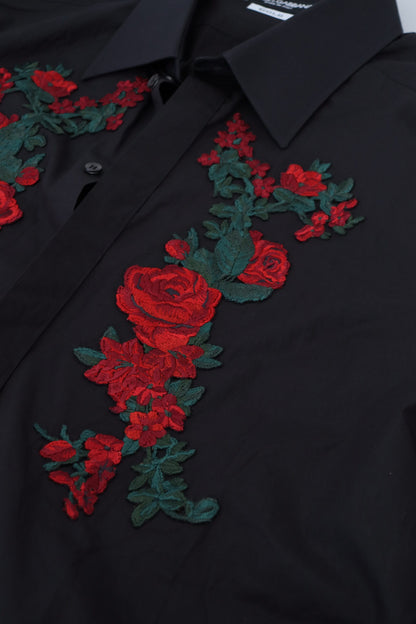 Camisa ORO de manga larga con bordado floral negro para hombre