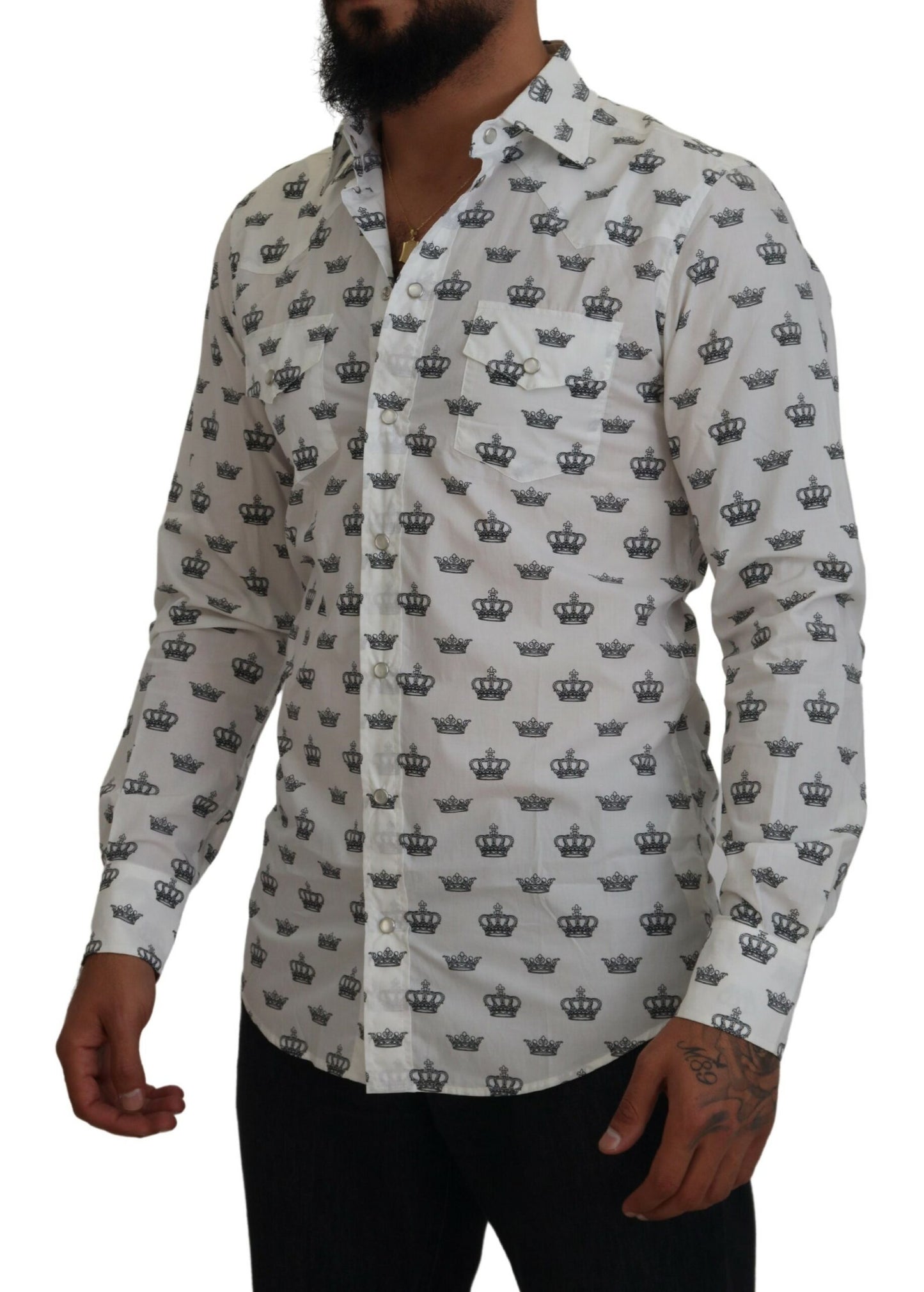 Camicia slim fit in cotone con stampa corona bianca