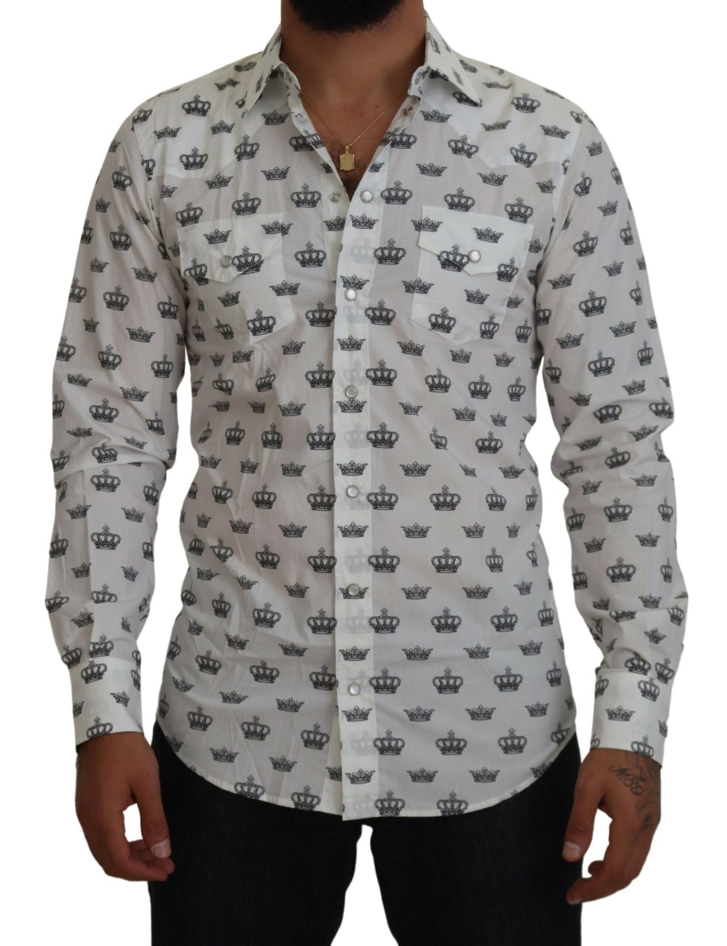 Camicia slim fit in cotone con stampa corona bianca