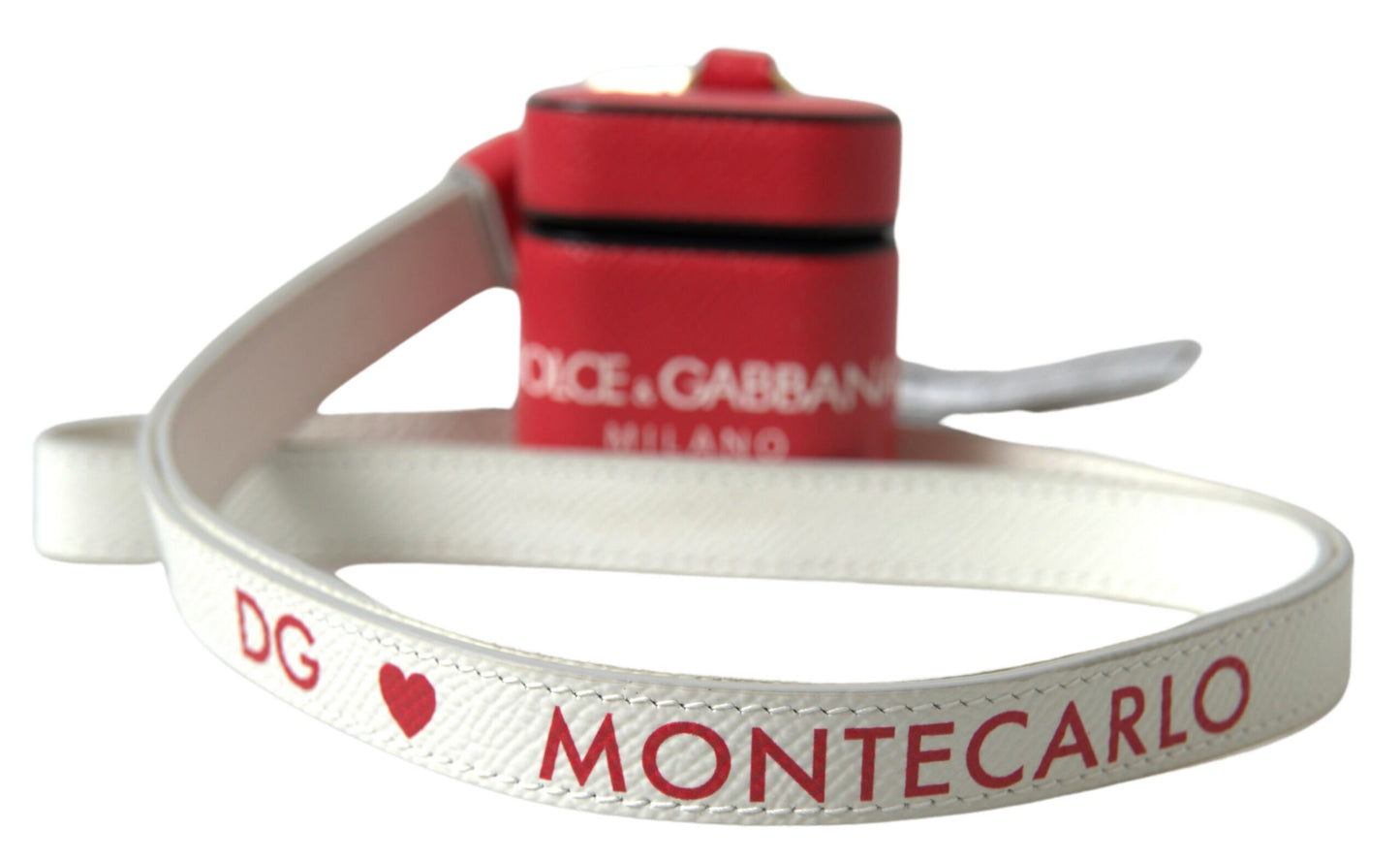 Estuche para Airpods con estampado de logo de metal en tono dorado y cuero rojo