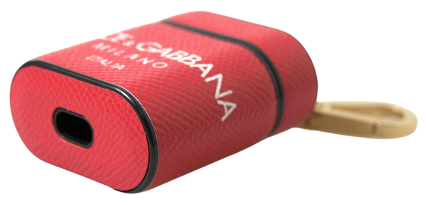 Estuche para Airpods con estampado de logo de metal en tono dorado y cuero rojo
