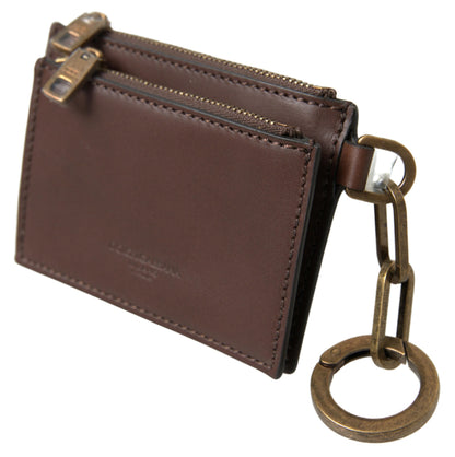 Cartera monedero con llavero y logo con cremallera de cuero marrón