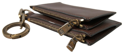 Cartera monedero con llavero y logo con cremallera de cuero marrón