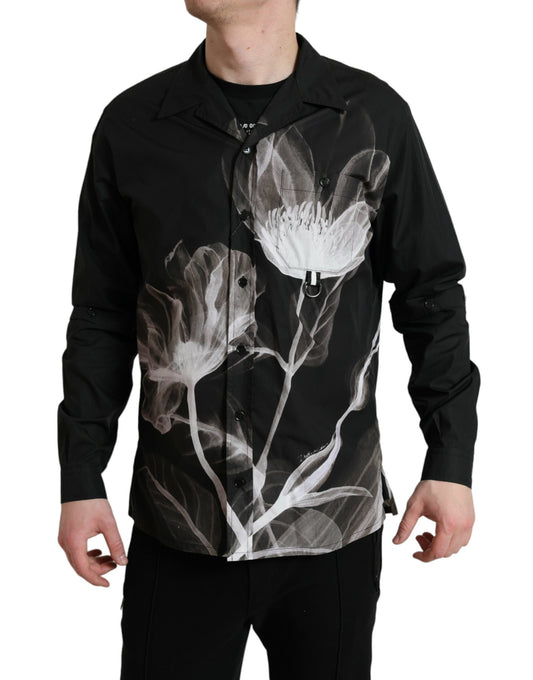 Camicia da uomo a maniche lunghe con colletto in cotone floreale nero