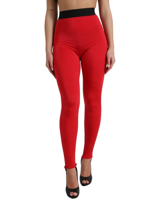 Pantaloni leggings slim in nylon rosso con logo DG