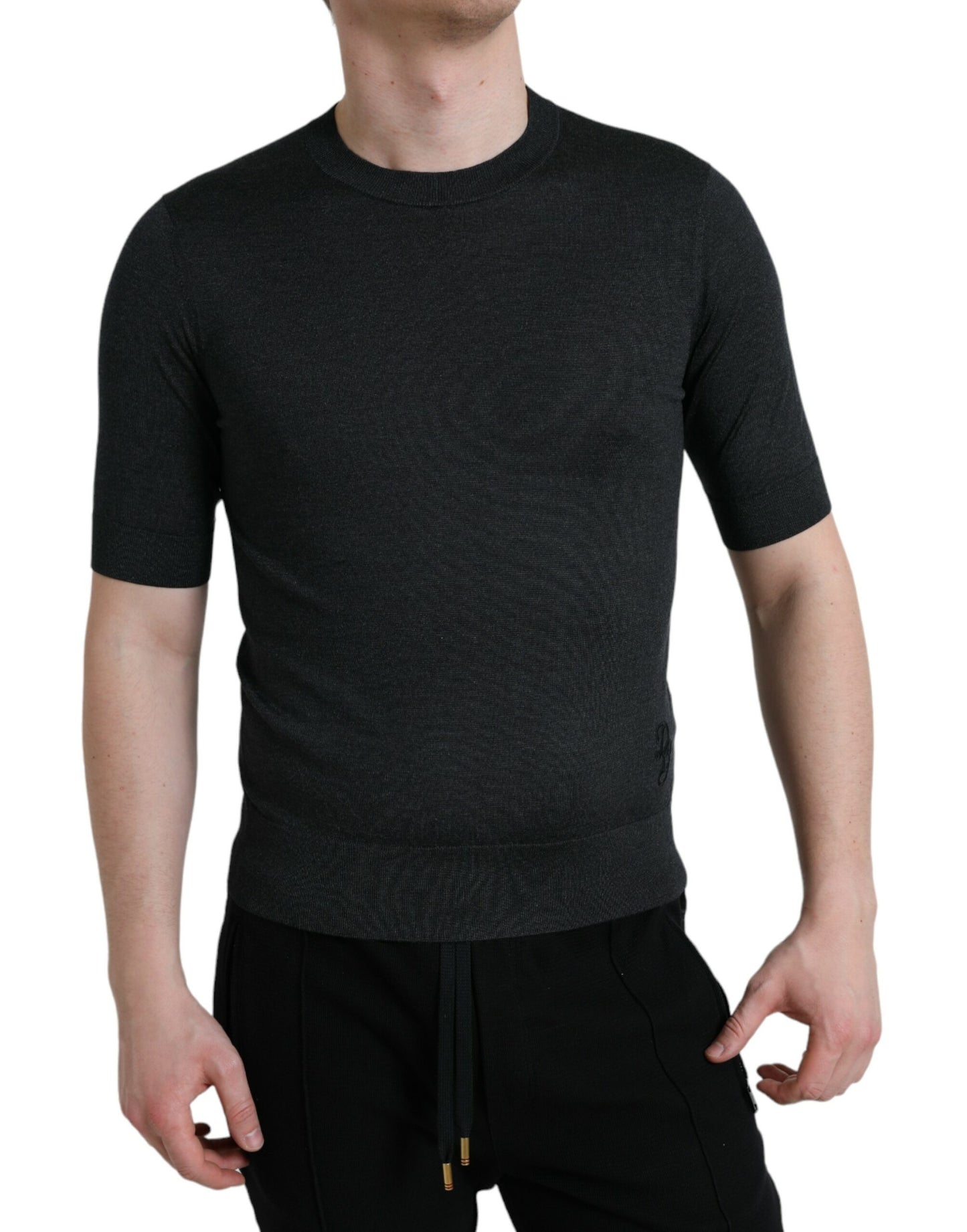 Dolce &amp; Gabbana – Elegantes T-Shirt mit Rundhalsausschnitt aus Seide in Dunkelgrau