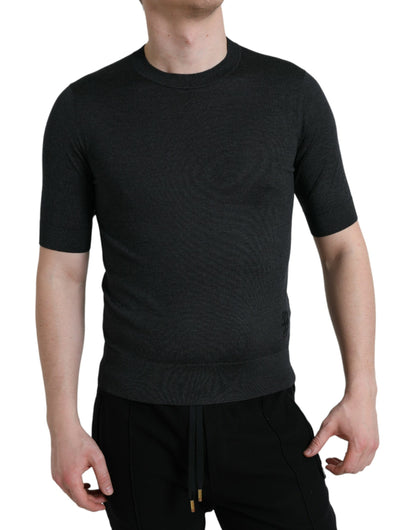 Dolce &amp; Gabbana – Elegantes T-Shirt mit Rundhalsausschnitt aus Seide in Dunkelgrau