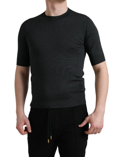 Dolce &amp; Gabbana – Elegantes T-Shirt mit Rundhalsausschnitt aus Seide in Dunkelgrau