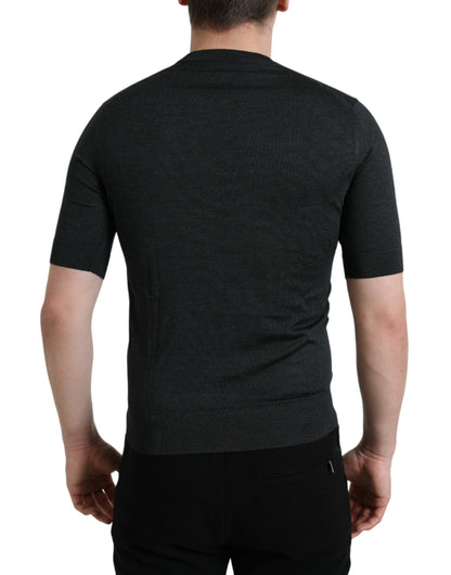 Dolce &amp; Gabbana – Elegantes T-Shirt mit Rundhalsausschnitt aus Seide in Dunkelgrau