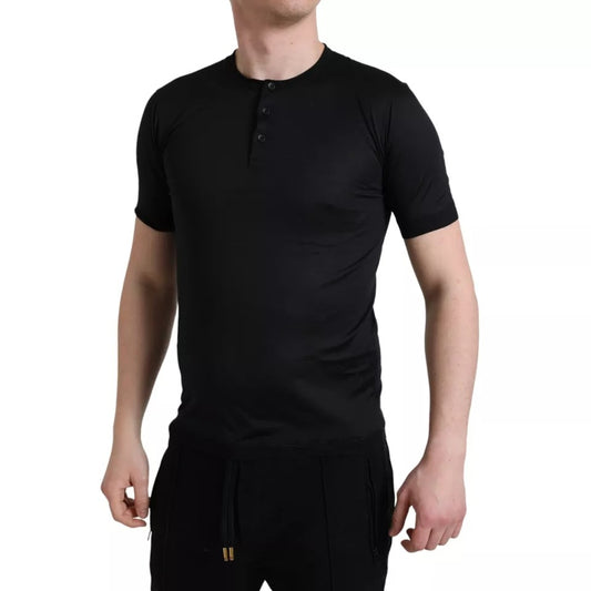 Dolce &amp; Gabbana – Schwarzes, kurzärmliges T-Shirt mit Rundhalsausschnitt und Knopfleiste