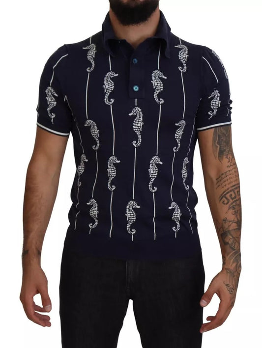 Dolce &amp; Gabbana – Dunkelblaues Polo-T-Shirt mit Seepferdchen-Kragen