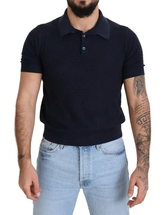 Dolce &amp; Gabbana – Dunkelblaues Polo-T-Shirt aus Seide mit Kragen