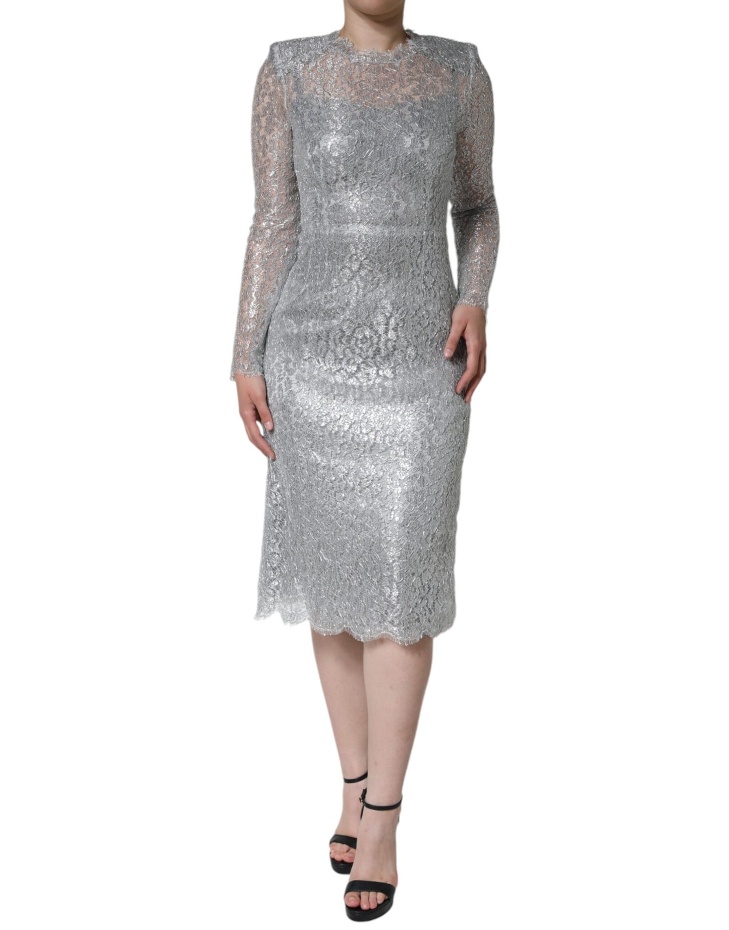 Dolce &amp; Gabbana – Figurbetontes Midikleid aus silberner Blumenspitze