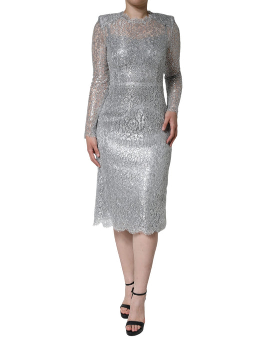 Dolce &amp; Gabbana – Figurbetontes Midikleid aus silberner Blumenspitze