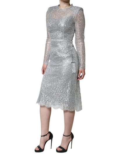 Dolce &amp; Gabbana – Figurbetontes Midikleid aus silberner Blumenspitze