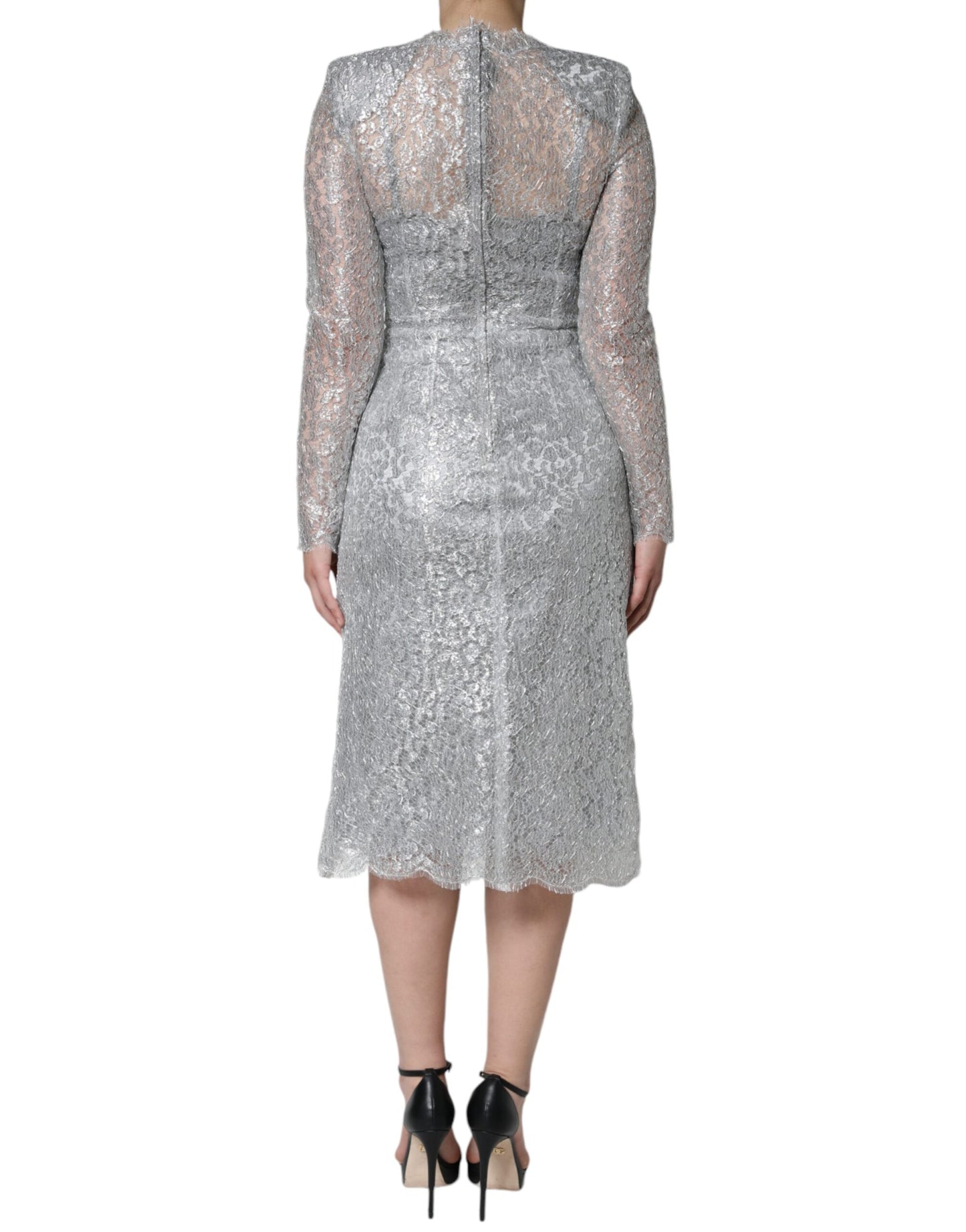 Dolce &amp; Gabbana – Figurbetontes Midikleid aus silberner Blumenspitze