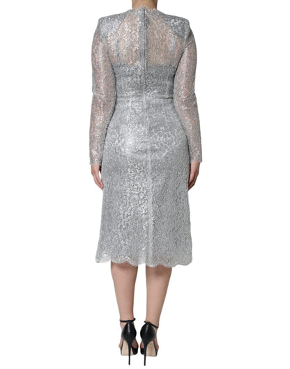 Dolce &amp; Gabbana – Figurbetontes Midikleid aus silberner Blumenspitze