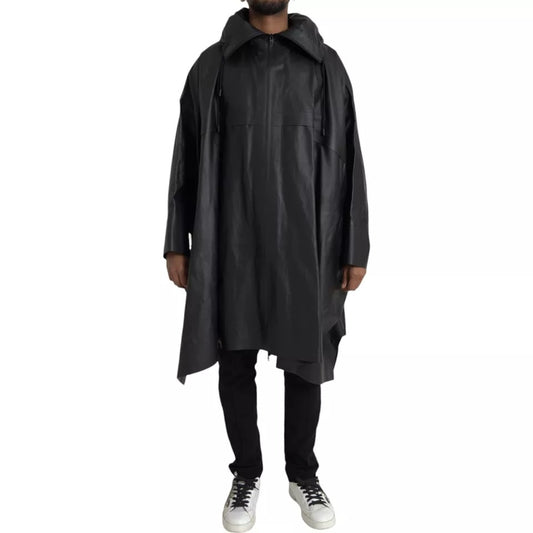 Bottega Veneta Giacca Trenchcoat da Uomo in Pelle Nera con Cappuccio