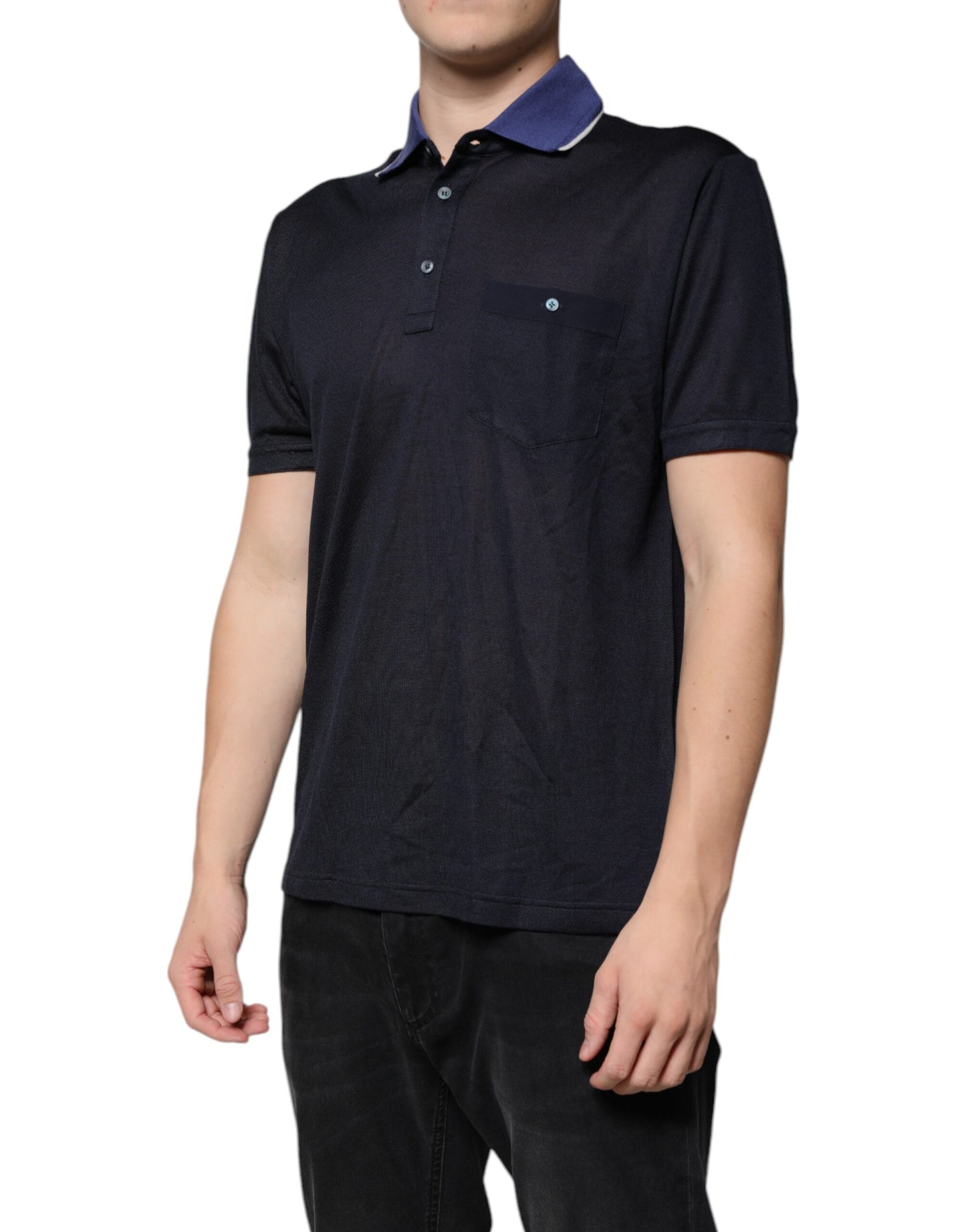 Dolce &amp; Gabbana – Blaues Polo-T-Shirt mit kurzen Ärmeln aus Seide und Kragen