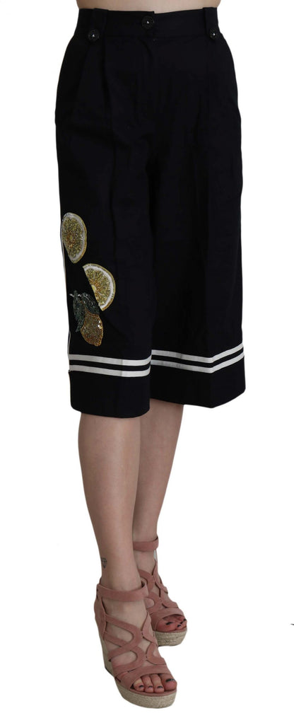 Pantaloni decorati cropped in cotone nero