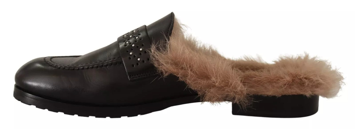 Peserico Black Leather Fur Perforated Slip On Flats Shoes