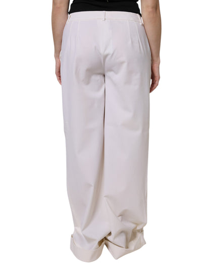 Dolce & Gabbana White Wool Mid Waist Wide Leg Pants