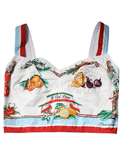 Dolce & Gabbana White Vegetable Print Sweetheart Cropped Top