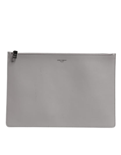 Dolce & Gabbana Gray Solid Leather DG Logo Men Clutch Zip Pouch Bag