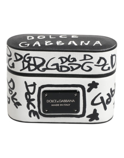 Dolce & Gabbana Black White Leather Scribble Embossed Logo Airpods Case